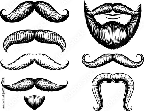 Collection of diverse black and white mustache and beard styles with detailed linework