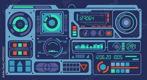 Futuristic control panel with neon lights and various gauges.