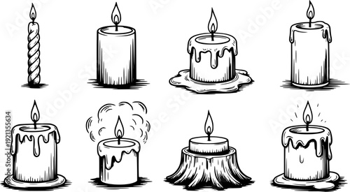 Collection of hand drawn black and white candles with burning flames a white background