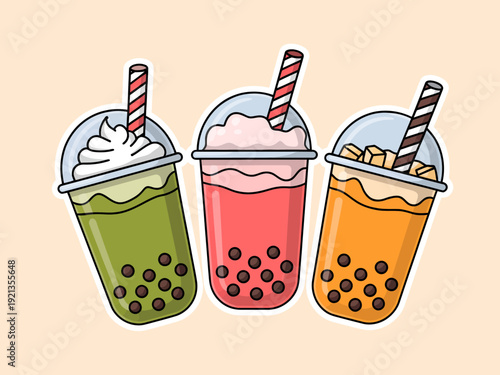 Colorful bubble tea drinks with tapioca pearls and whipped cream a light background