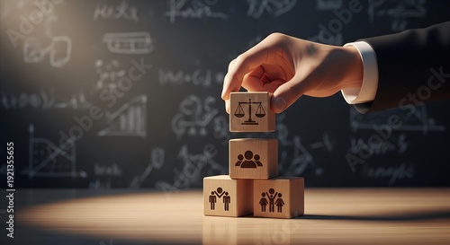Hand stacking wooden cubes with legal and family icons, representing justice, community, and social order against a blackboard.