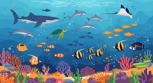 Vibrant underwater scene with diverse marine life and coral reef.
