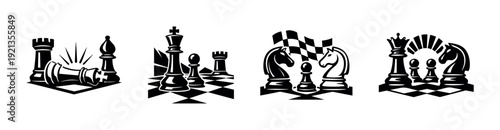 Chess strategy vector icons set with game symbols and checkmate concepts
