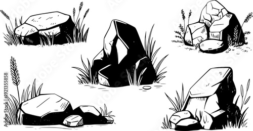 Hand Drawn Black And White Rocks With Grass White Background stone nature
