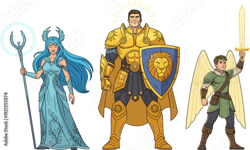 Fantasy heroic characters illustration, surreal medieval concept art with sorceress mage, paladin knight, and celestial winged warrior, epic storytelling design for creative projects