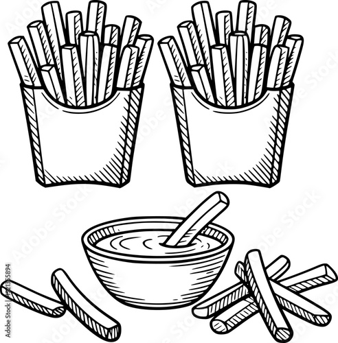 Hand Drawn French Fries in Paper Containers with Dipping Sauce Bowl and Scattered Fries