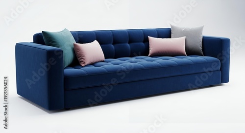 Modern navy blue velvet sofa with decorative cushions in neutral tones for stylish living room interior design
