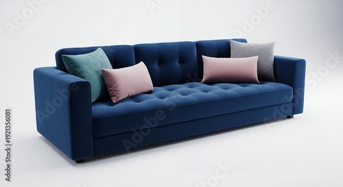 Modern navy blue tufted sofa with colorful throw pillows in minimalist bright living room interior design