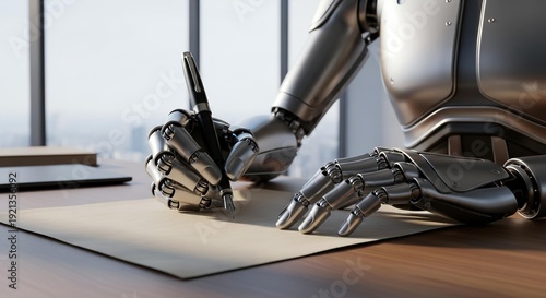 Close-up of a detailed metallic robot arm writing with a pen on a sheet of paper on a wooden desk in a modern office with large windows.