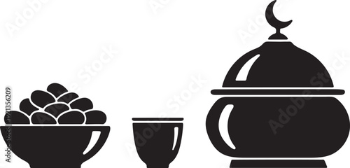 Simple black icon representing the ramadan iftar meal with dates and traditional lantern