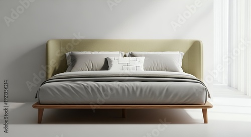 Minimalist Bedroom Bed with Upholstered Headboard, Soft Grey Linens and Natural Light, Modern Home Interior Design.