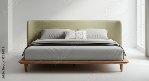 Modern Upholstered Bed with Cozy Pillows and Crisp Linens in a Bright, Minimalist Bedroom with Soft Natural Light