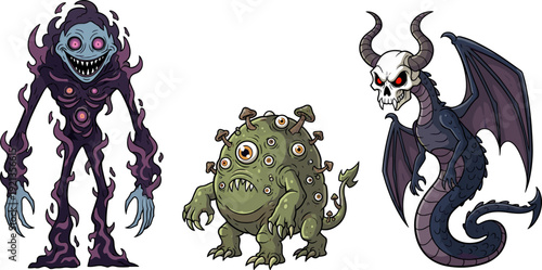 Fantasy monstrous creatures illustration, surreal horror concept art with cyclopean eye, smoky shadow figure, undead dragon demon, grotesque nightmare design for games