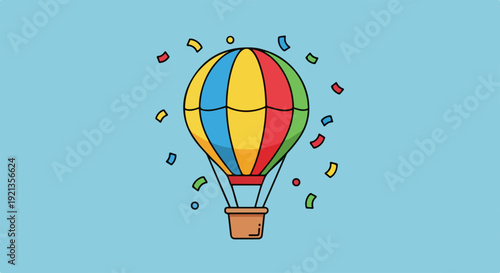 Vibrant hot air balloon soars with colorful confetti pieces floating around it on a light blue background