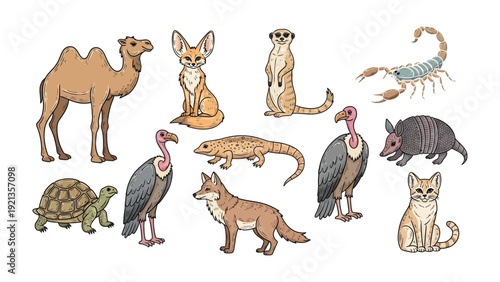 Desert Wildlife Collection: A curated collection of desert animals, showcasing the unique species adapted to thrive in arid environments. Includes a camel, fennec fox, meerkat, scorpion, vulture.
