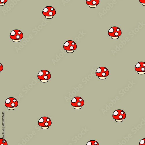 Seamless pattern with hand-drawn cartoon edible mushroom in fall or autumn seasonal food element. Mushroom vector for background, wallpaper, clothing, wrapping, fabric, stationery, and phone cases.