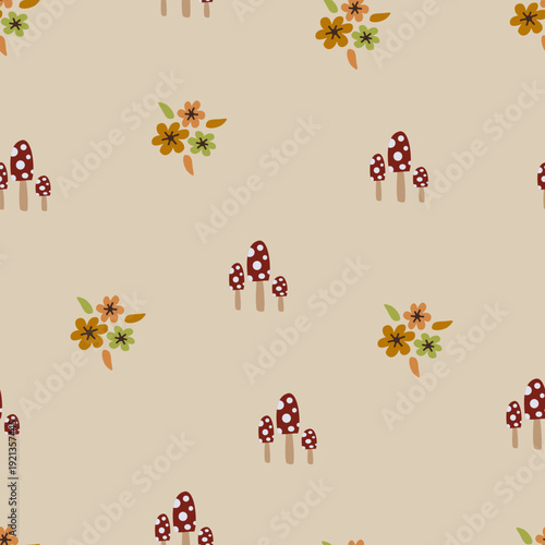 Seamless pattern hand-drawn cartoon edible mushroom and flower in a fall or autumn seasonal food element. Mushroom vector for background, wallpaper, clothing, wrapping, fabric, stationery, phone cases