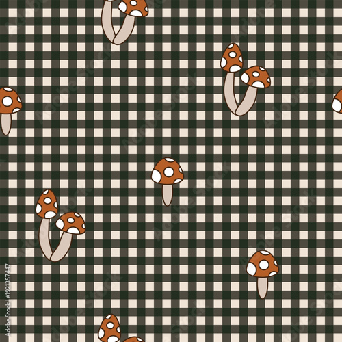 Seamless pattern hand-drawn cartoon edible mushroom on checked for fall or autumn seasonal food element. Mushroom vector for background, wallpaper, wrapping, fabric, stationery, phone cases.