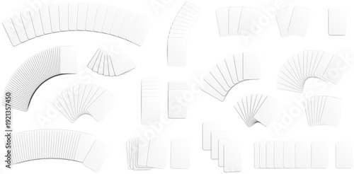 Arrangement of folded paper fans in various shapes and sizes white background