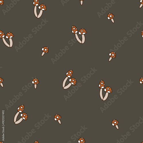 Seamless pattern with hand-drawn cartoon edible mushroom in fall or autumn seasonal food element. Mushroom vector for background, wallpaper, clothing, wrapping, fabric, stationery, and phone cases.