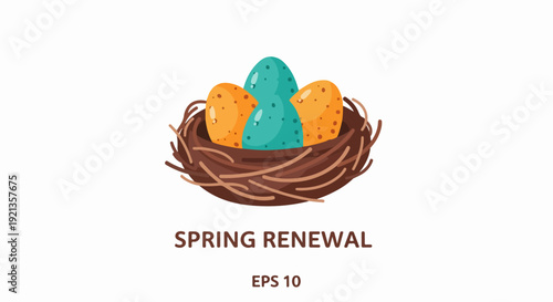 Spring renewal concept with colorful eggs in a nest symbolizing new life and growth in a natural setting