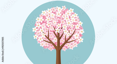 Blooming cherry blossom tree in spring with pink flowers on blue background symbolizing renewal and nature