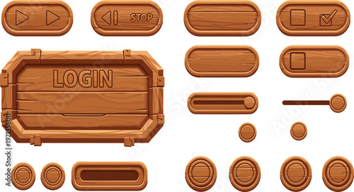 Wooden game user interface panel with login board buttons sliders and control elements cartoon GUI vector illustration set.
