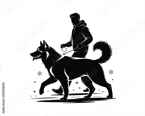 Owner walking Husky Vector silhouette illustration design, owner walking husky vector, husky dog walking silhouette, person walking husky vector illustration, pet husky walking silhouette