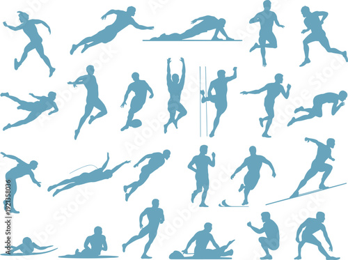 Sports silhouettes running, swimming, skiing, surfing, pole vaulting, fitness, flat vector