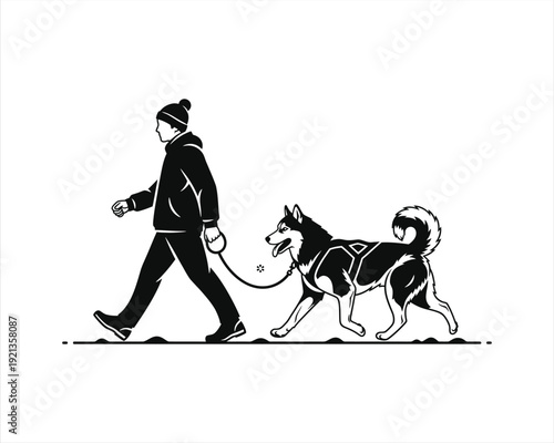 Owner walking Husky Vector silhouette illustration design, owner walking husky vector, husky dog walking silhouette, person walking husky vector illustration, pet husky walking silhouette