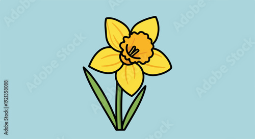 Vibrant yellow daffodil flower with green leaves on light blue background symbolizing spring and new beginnings in a simple illustrative style