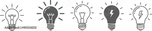 Stylized light bulb icons with filament and lightning bolt designs representing ideas, innovation, and energy concepts for creative, tech, and productivity themes
