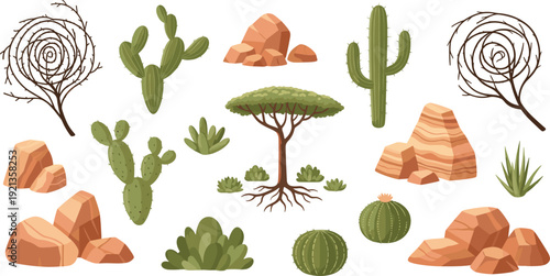 Desert nature elements collection with cactus rocks dry trees and succulents for arid landscape environment cartoon vector illustration set.