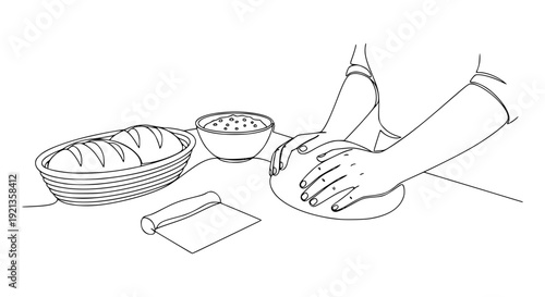 Minimalist sourdough bread baking line art vector illustration, continuous one line drawing of hands kneading dough with bench scraper, starter bowl and loaves in banneton, hand drawn artisan bakery

