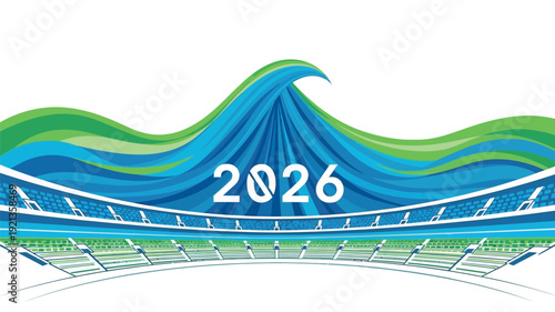 2026 soccer world championship abstract banner with stadium arena and blue green waves; dynamic football tournament background for global sports event marketing and stadium branding.