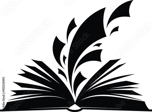 Stylized silhouette of open book with abstract feather shapes symbolizing creativity, literature, imagination, and storytelling for education, writing, and artistic concepts