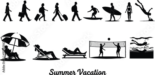 Summer vacation silhouettes travel surfing swimming beach relaxing flat vector