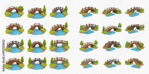 Isometric collection of various cartoon bridges over water for game or map creation.