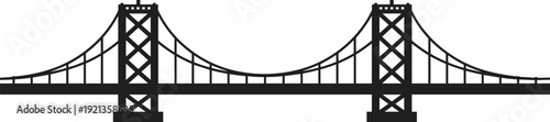 Suspension bridge silhouette with crisscross towers and curved cables in black representing architectural design, engineering structure, and urban infrastructure themes