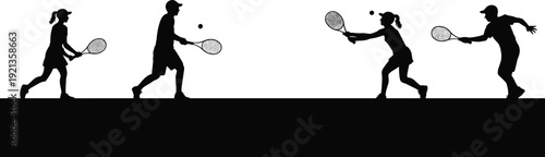 Tennis player silhouettes flat vector, people sports activity dynamic outdoor scene