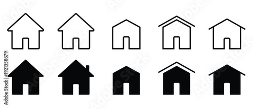 Web home icon set for websites and apps. Simple house symbol. Flat real estate sign. Main page pictogram in filled, thin line, outline and stroke style. Isolated illustration.