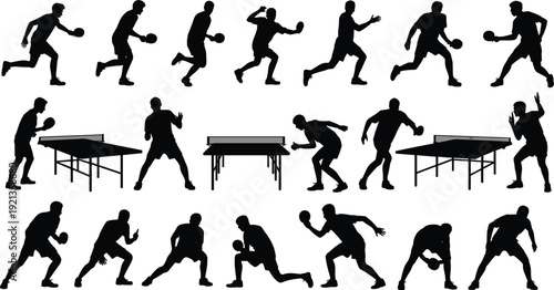 Table tennis players silhouette, serving hitting receiving ball sport equipment flat vector