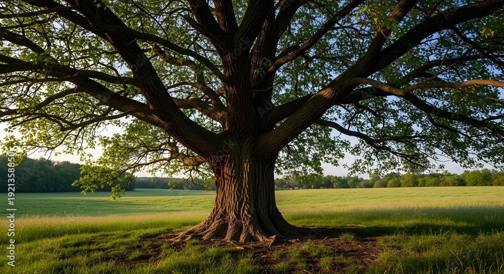 Fototapeta premium Majestic tree standing alone in a lush green meadow at sunrise with sprawling branches and roots