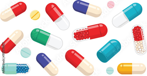 Colorful medicine capsules and tablets collection with transparent pills and granules pharmaceutical healthcare vector illustration set.