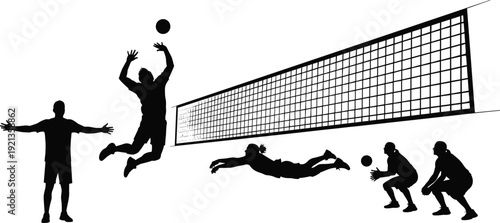 Volleyball players action silhouette, dynamic sports teamwork flat vector illustrationVolleyball players action silhouette, dynamic sports teamwork flat vector illustration