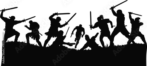 Warrior silhouettes, sword battle, combat scene, historical fight, fantasy action, flat vector