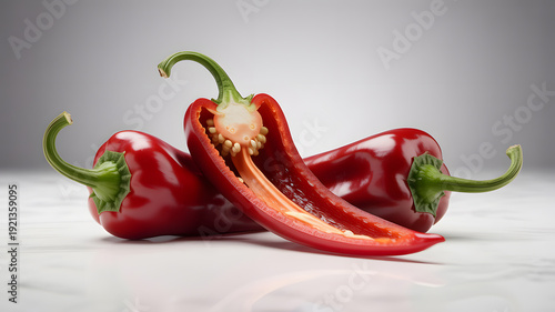 A vibrant red pepper sliced open on a clean white surface with a grey background