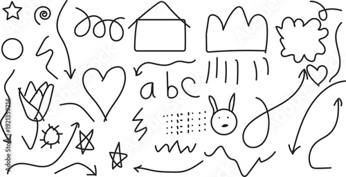 A collection of whimsical hand drawn doodles and childlike illustrations