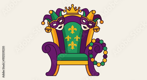 Vibrant jester's throne with purple green and gold accents ornate design elements and playful jester faces on the backrest conveying whimsy and fantasy