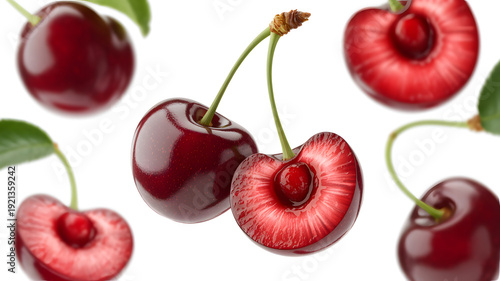 A vibrant and healthy image of fresh cherries on a white background